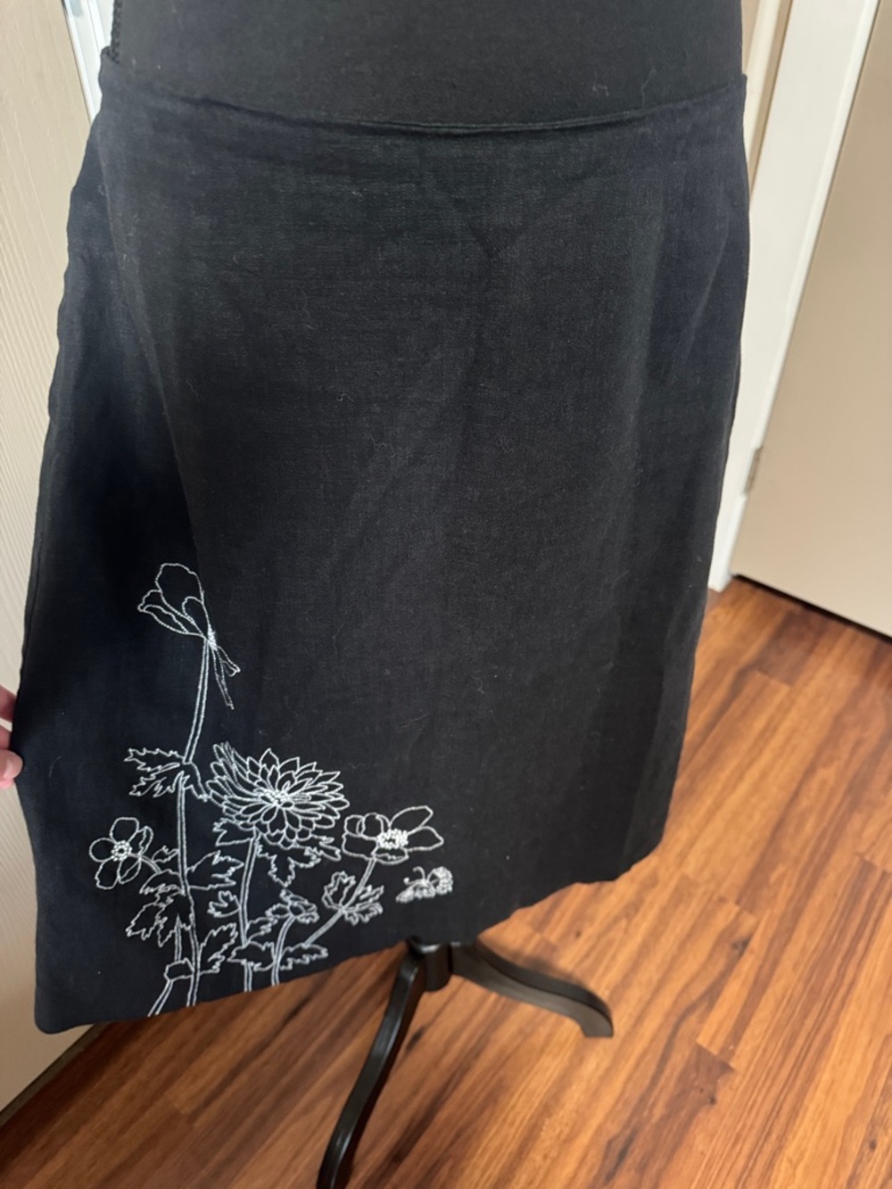 Black A-Line Skirt with White Floral Embroidery